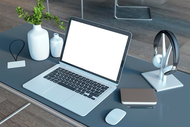 Close up de diseñador contemporáneo oficina en casa lugar de trabajo con suministros varios objetos vacío blanco maqueta de monitor portátil 3D Rendering