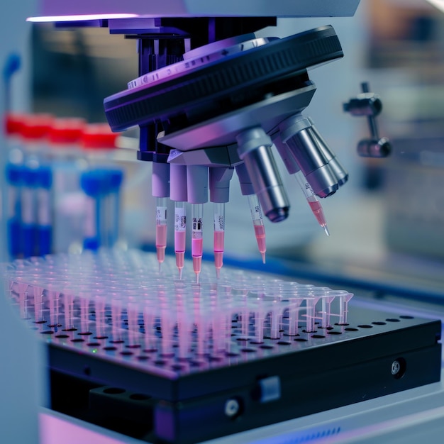 Close-up de un dispensador de pipeta de laboratorio mientras trabaja en un laboratorio científico moderno con estantes de tubos de ensayo que se centran en el manejo preciso de líquidos