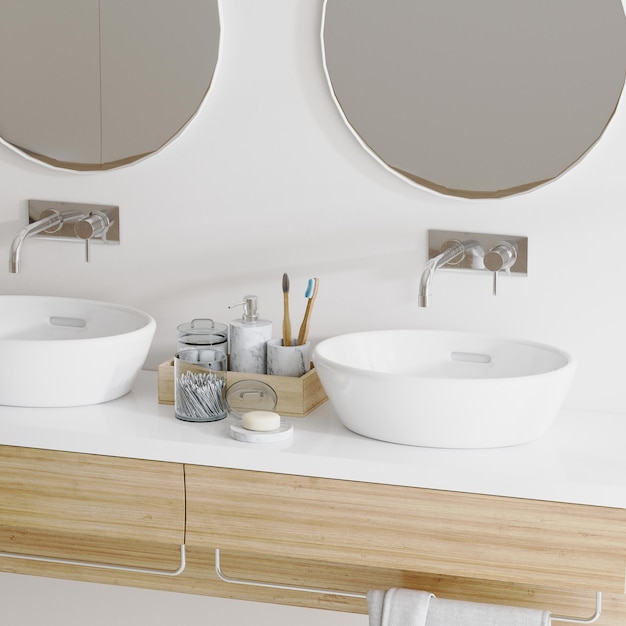 Close-up do banheiro com pia dupla e móveis com toalhas de decoração e espelhos, escovas de dentes, renderização em 3d