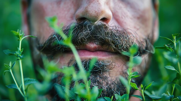 Foto close-up do bigode e da boca de um homem o homem está cercado por plantas verdes