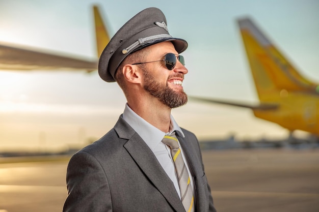 Foto close-up do capitão de companhia aérea homem barbudo sorridente usando óculos escuros e chapéu de piloto de aviação em pé no aeródromo