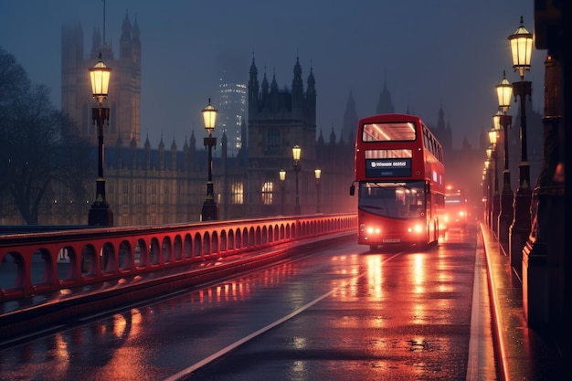 Close-up do charme de Londres à noite, enquanto um ônibus vermelho de dois andares cruza graciosamente a Generative AI