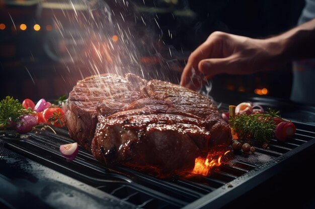 Foto close-up do chef cozinhando um bife suculento