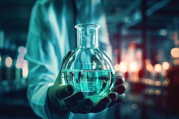 Close-up do cientista segurando o frasco com líquido verde no laboratório Mão de mídia mista do cientista segurando o frasco com vidros de laboratório no fundo do laboratório químico AI gerado