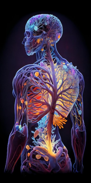 Close-up do corpo humano com árvore brilhante no meio generativo ai