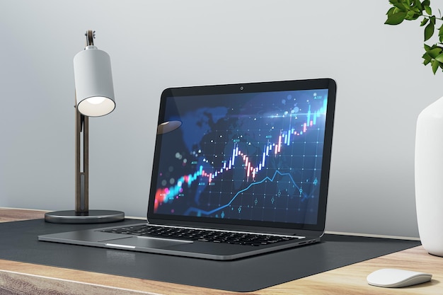 Close-up do laptop com gráfico forex de castiçal na tela colocada na mesa de escritório de madeira com lâmpada e vaso Financiamento comercial e conceito de mercado crescente renderização 3D