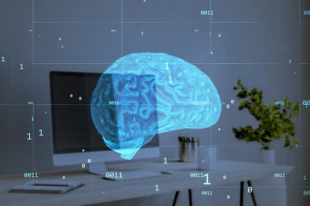 Close-up do local de trabalho com monitor de computador e holograma de cérebro azul criativo em fundo desfocado Anatomia de neurologia ai e conceito de aprendizado de máquina Dupla exposição