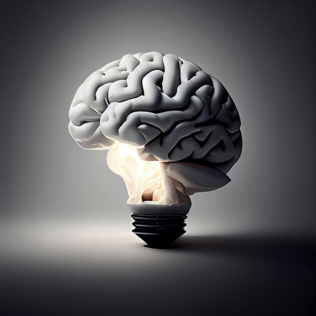 Close-up do mapa do cérebro e lâmpada generativa ai