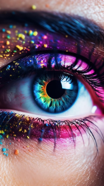 Close-up do olho azul da pessoa com maquiagem multicolorida Generative AI