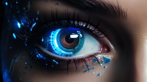 Close-up do olho biométrico de uma mulher Implantação de microchips Conceito de tecnologia moderna