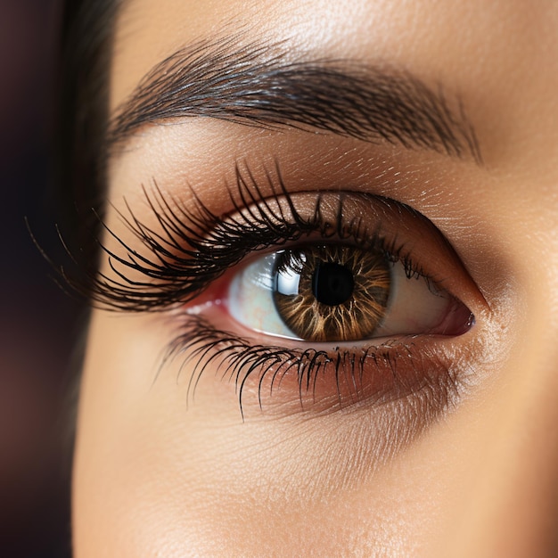 Close-up do olho de uma mulher com cílios com cabelos castanhos no estilo castanho claro e bronze claro