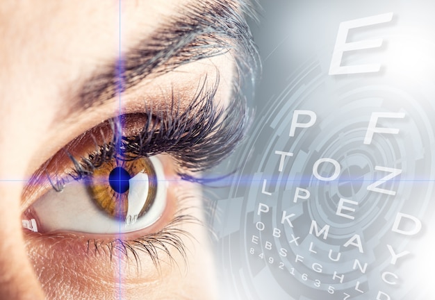 Foto close-up do olho feminino bonito de mulher e teste oftalmológico em ordem alfabética.