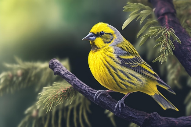 Close-up do pássaro passeriforme canário selvagem empoleirado na árvore na natureza