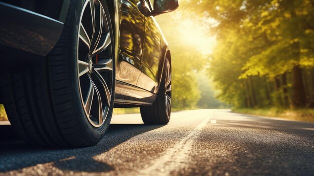 Foto close-up do pneu da roda de um carro em uma estrada de asfalto