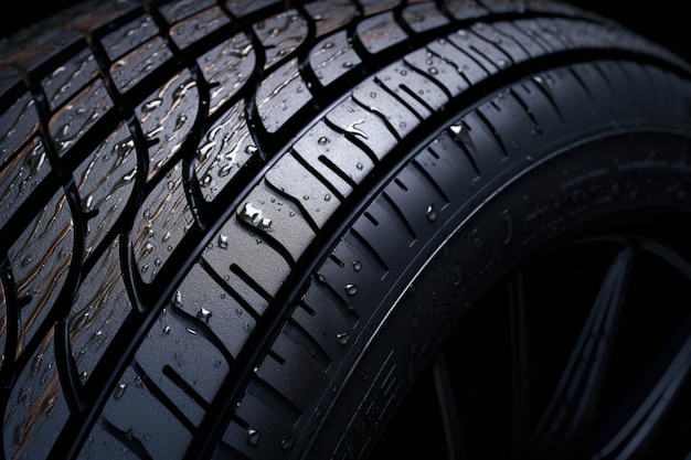 Close-up do pneu de veículo molhado contra fundo preto