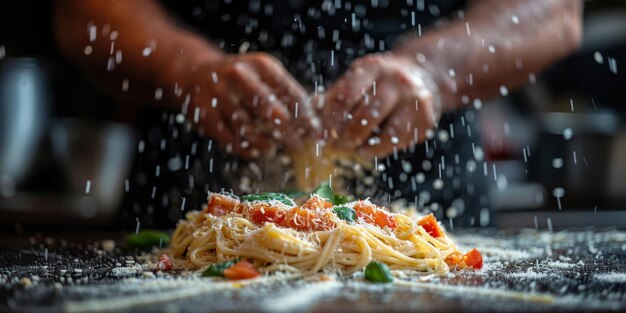 Close-up do processo de cozinha de massas caseiras chef fazer frescas massas tradicionais italianas