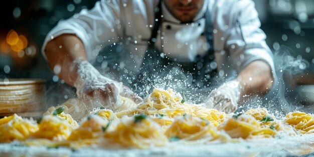 Close-up do processo de cozinha de massas caseiras chef fazer frescas massas tradicionais italianas