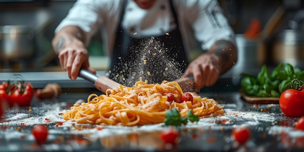 Close-up do processo de cozinha de massas caseiras chef fazer frescas massas tradicionais italianas