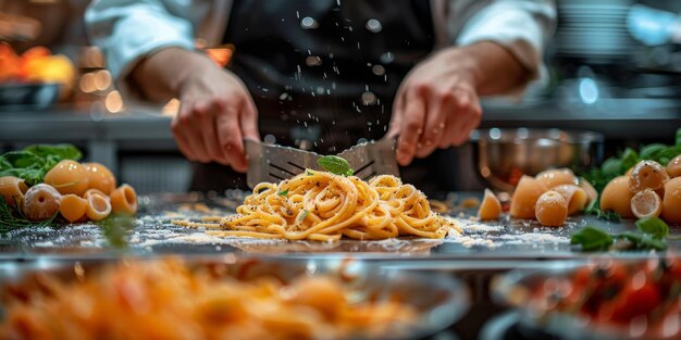 Close-up do processo de cozinha de massas caseiras chef fazer frescas massas tradicionais italianas