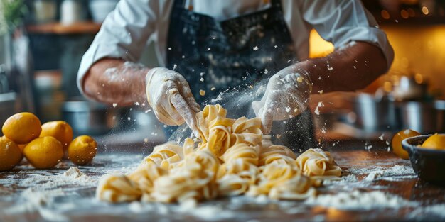 Close-up do processo de cozinha de massas caseiras chef fazer frescas massas tradicionais italianas