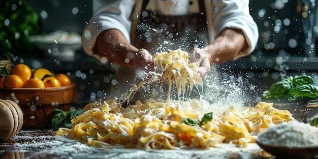 Close-up do processo de cozinha de massas caseiras chef fazer frescas massas tradicionais italianas