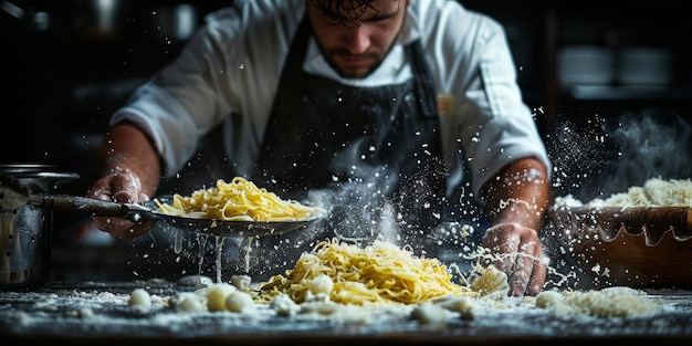 Close-up do processo de cozinha de massas caseiras chef fazer frescas massas tradicionais italianas