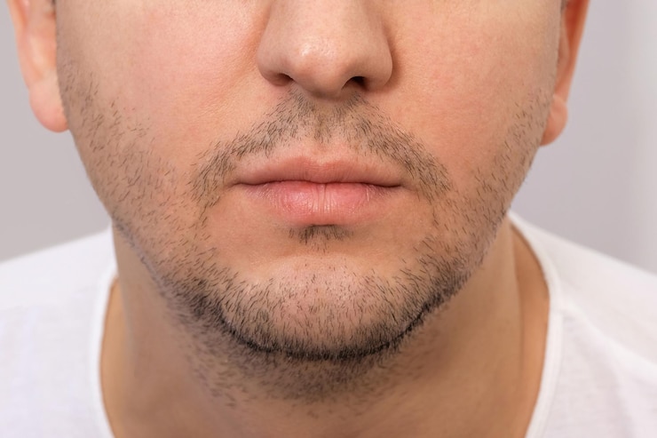 Foto close-up do rosto de um jovem com barba jovem barbudo em um fundo cinzento