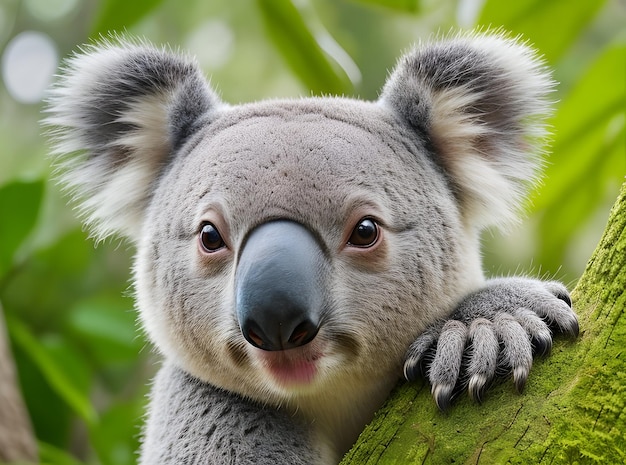 close-up do rosto de um urso koala em um fundo de floresta natural