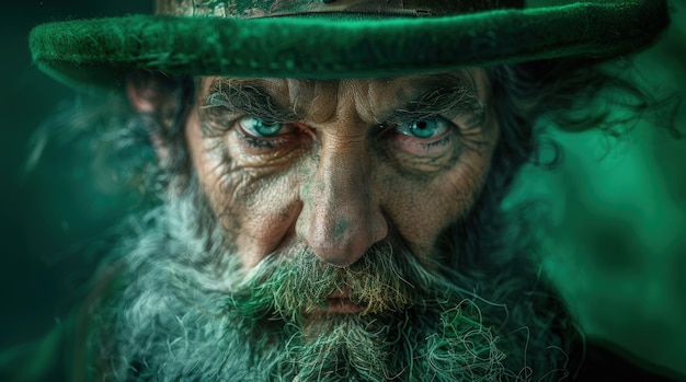 Close-up do rosto de um velho duende irlandês