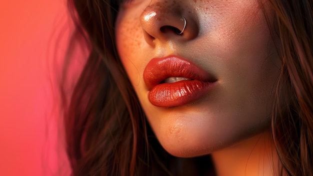 Close-up do rosto de uma jovem mulher Ela tem pele impecável lábios cheios e um piercing no nariz Seu cabelo é escuro e brilhante