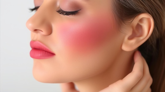 Close-up do rosto de uma mulher com maquiagem perfeita e bochechas rosadas