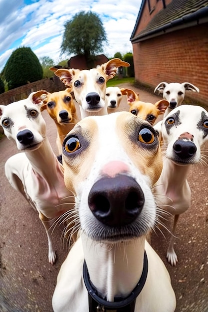 Close-up do rosto do cachorro com um grupo de cães em segundo plano Generative AI