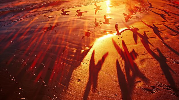 Close-up do sol lançando longas sombras em uma praia de areia com gaivotas voando acima contra o fundo de um pôr-do-sol colorido