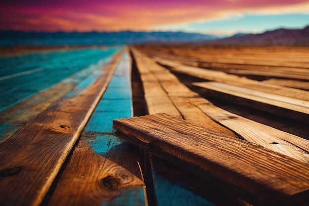 Close-up do topo da mesa de madeira ou textura do piso de madeira com fundo de parede de madeira do conceito de prancha de madeira colorida para publicidade