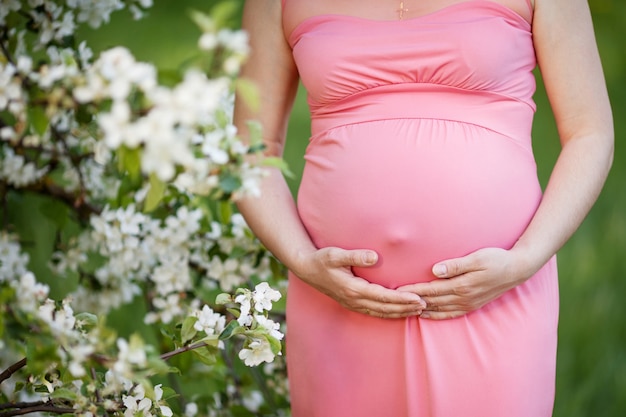 Close-up do torso da jovem modelo grávida em pé no parque e acariciando sua barriga. Futura mãe esperando bebê. Conceito de maternidade. Tempo de primavera