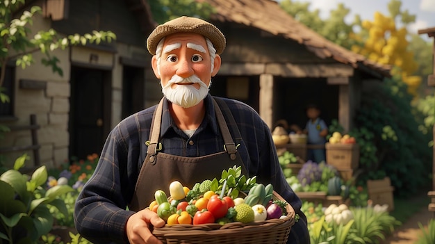 Close-up do velho fazendeiro segurando uma cesta de legumes, o homem está parado no jardim