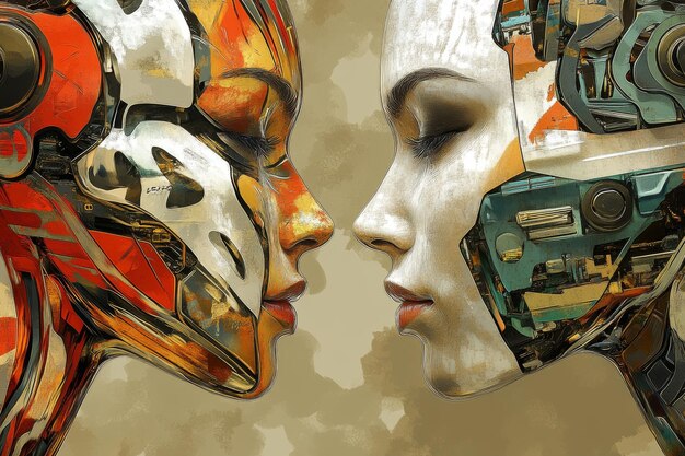 Close up de dos caras robóticas con diseño abstractamente colorido que simboliza la fusión de tecnología y