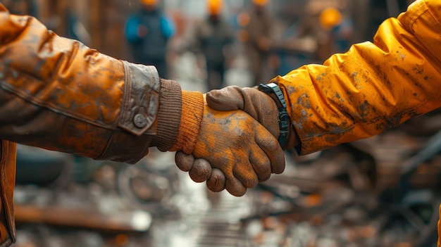 Close-up de dos hombres estrechando la mano en el fondo de un sitio de construcción