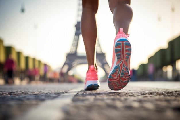 Close-up dos pés de um corredor enquanto eles correm em direção à torre eiffel no atletismo esportivo de verão de paris