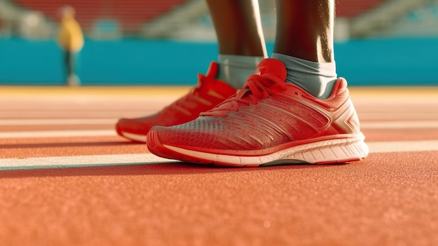 Foto close-up dos pés de uma desportista na pista de corrida
