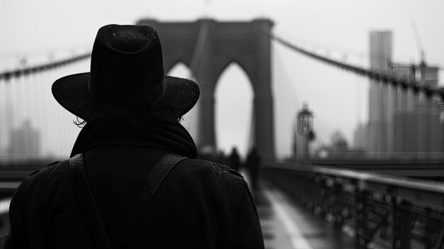 Close-up e vista de trás de um homem com um chapéu em uma ponte em estilo noir e fotografia em preto e branco