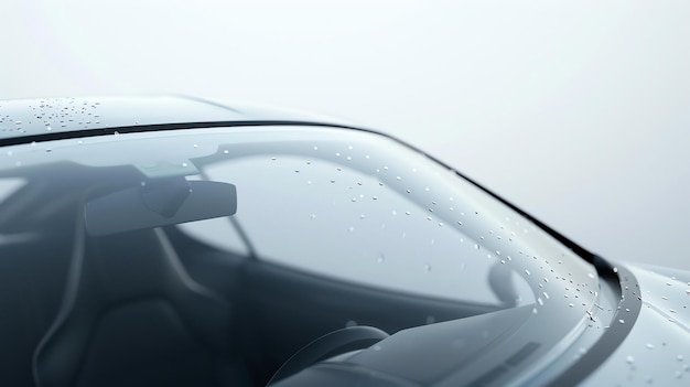 Close-up einer Autoscheibe mit Wassertropfen Die Auto ist in einer nebligen Umgebung mit verschwommenem Hintergrund geparkt