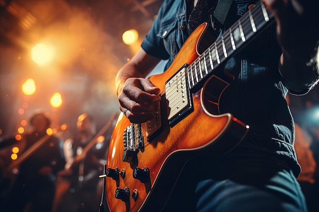 Close-up einer Gitarre eines Musikers, der ein Konzert in einer Clubbühne spielt