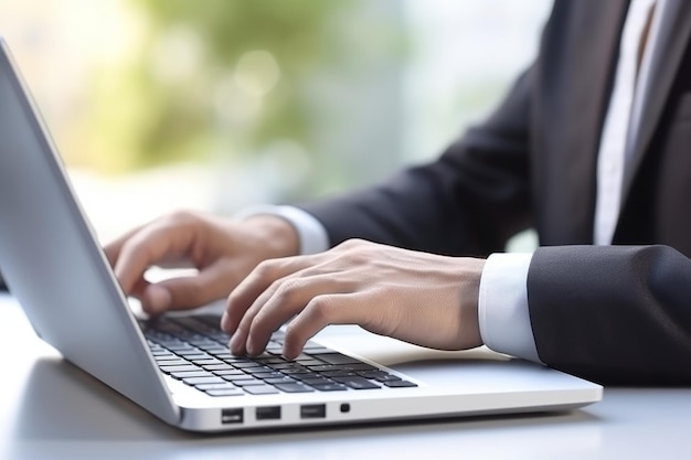 Close-up einer Hand eines Mannes, der für Geschäfte auf der Tastatur eines Computers tippt