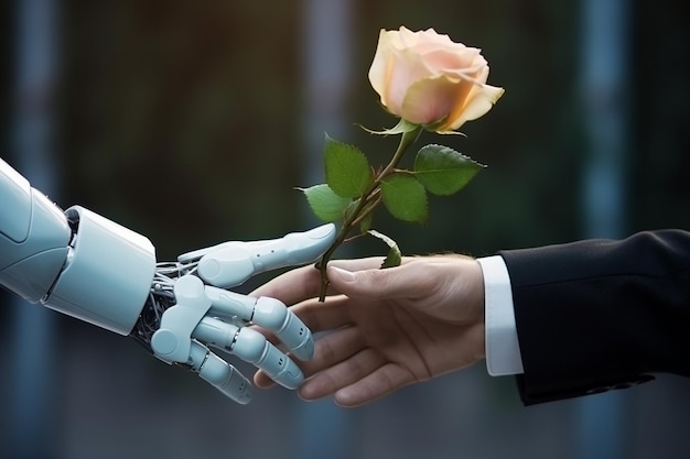 Close-up einer Hand eines Roboters mit einer schönen Blume