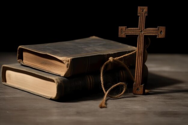 Close-up einer heiligen Bibel und eines christlichen Kreuzes auf einem Holztisch Happy Good Friday oder Religionskonzept