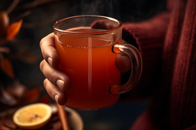 Close-up einer Person mit einer Hand, die einen warmen Apfelwein hält