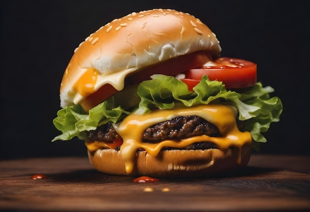 Close-up eines Cheeseburgers mit Salat, Tomaten, geschmolzenem Käse und Soße auf einer Holzoberfläche