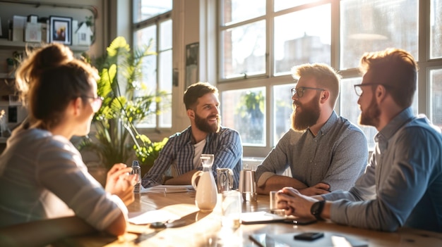 Close-up eines Geschäftsmeetings mit mehreren Personen über einem Holztisch, was auf eine moderne, technisch versierte professionelle Umgebung hindeutet