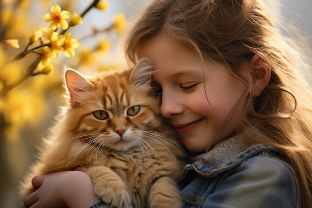 Close-up eines jungen Mädchens, das ihre Katze im Bokeh-Stil umarmt